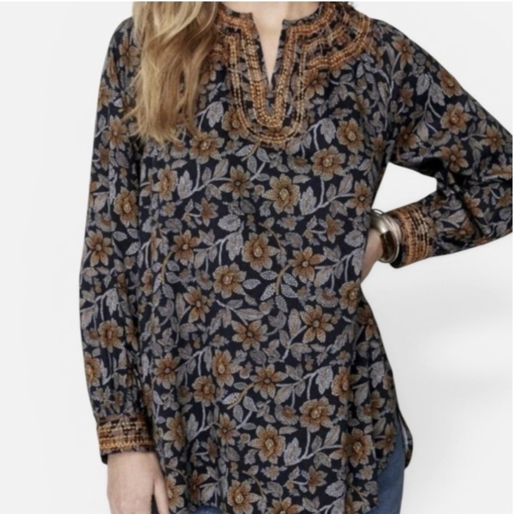 Pure J. Jill Navy Blue Floral Embroidered Tunic Blouse 4X NEW Boho Peasant